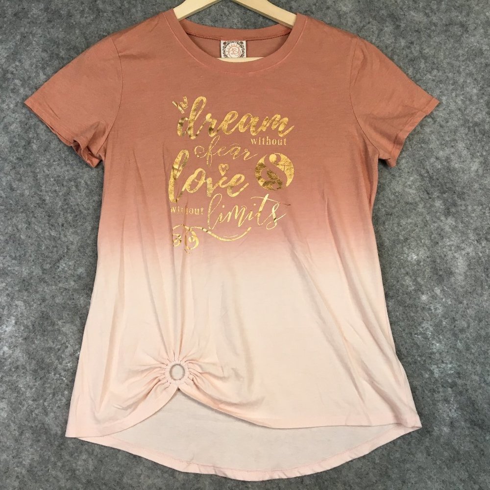 Truself Top S Short Sleeve Rose Gold Dip Dye Ombre T Shirt Ruched Front Dream